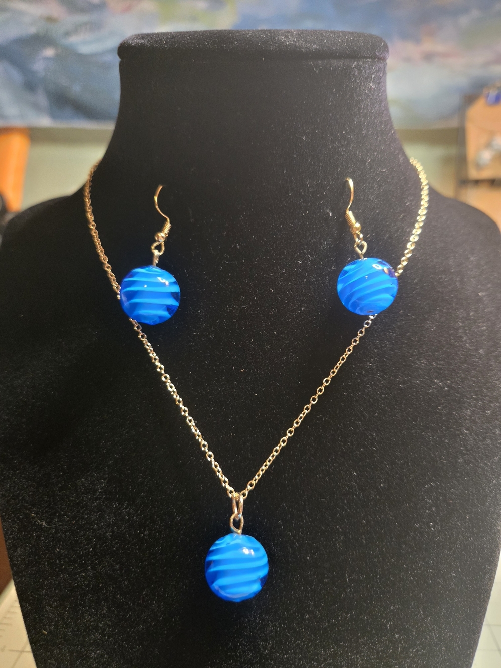 Blue Glass Orb Necklace & Earring Set - Women Jewelry